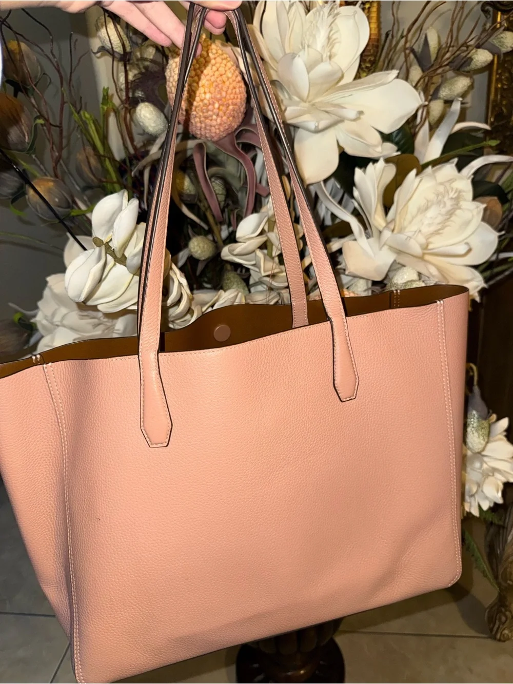 Tory Burch Blush Pink Pebbled Leather Tote with Gold Logo